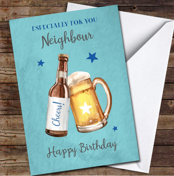 Neighbour Birthday Beer Bottle Cheers Blue Photos Personalized Birthday Card