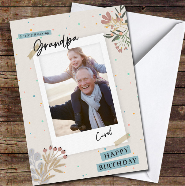 Grandpa Birthday Photo Frame With Flowers Card Personalized Birthday Card