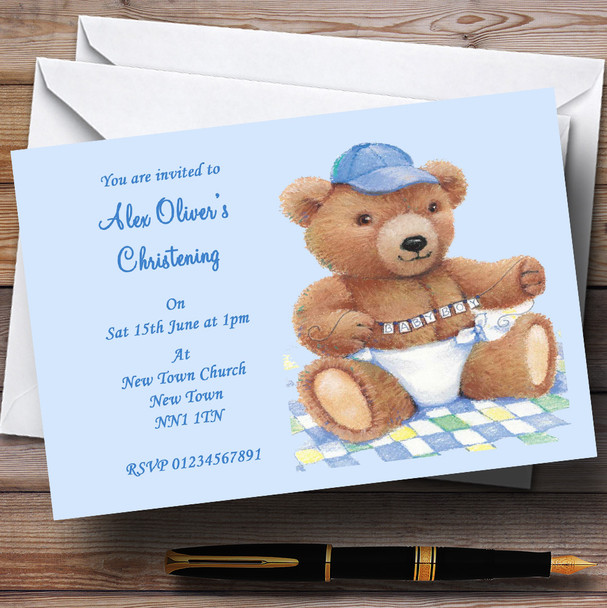 Blue Baby Boy Teddy Christening Personalized Party Invitations