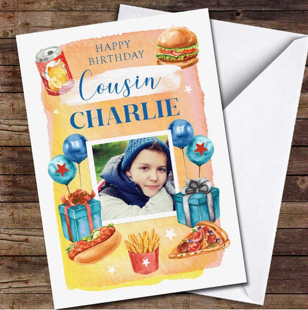 Cousin Burger Food Hot Dog Gift Balloons Yellow Photo Personalized Birthday Card