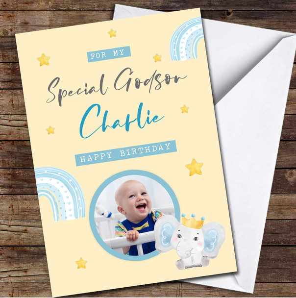 Godson Blue Child Baby Cute Elephant Rainbow Photo Personalized Birthday Card