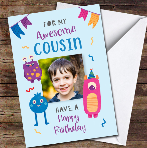 Awesome Cousin Happy Monster Boy Child Blue Photo Personalized Birthday Card