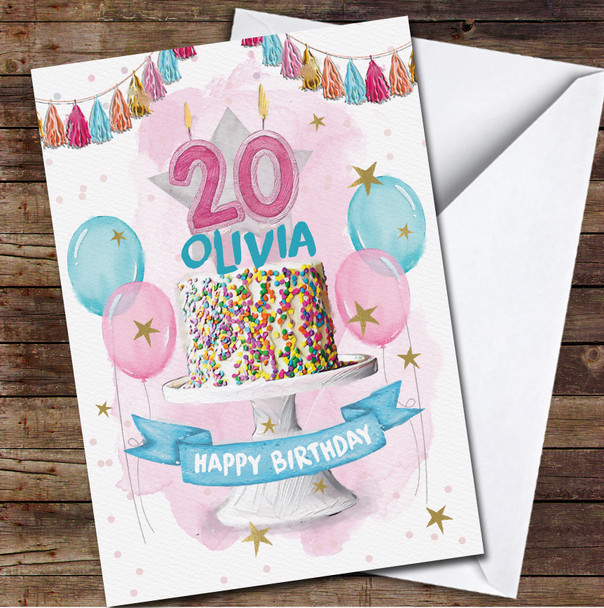 20th Twenty Rainbow Sprinkle Cake Party Balloons Personalized Birthday Card