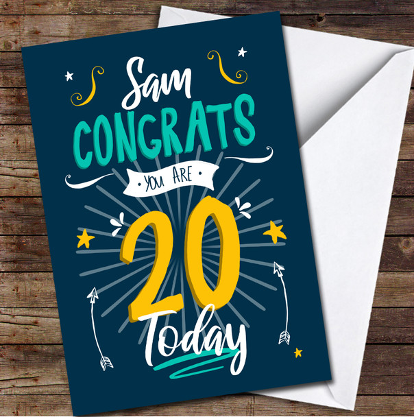 20th Birthday Boy Male Blue Text Personalized Birthday Card