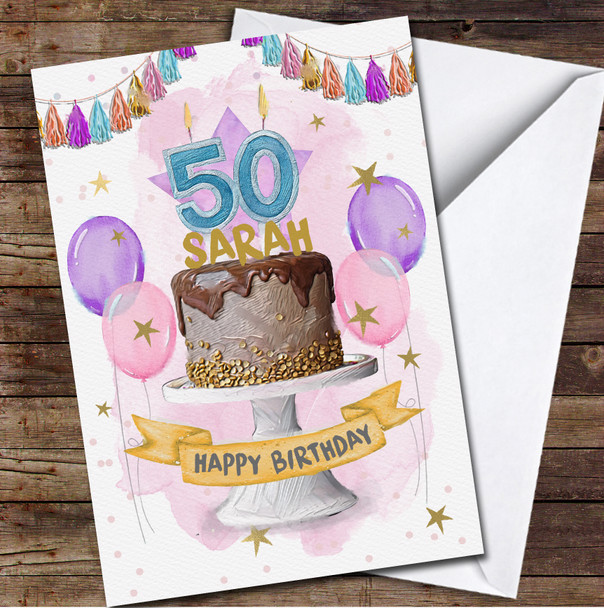 50th Fifty Chocolate Cake Party Pink Purple Balloons Personalized Birthday Card