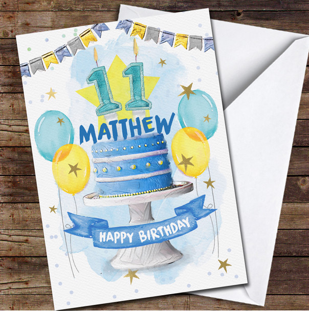 11th Eleventh Boy Blue Striped Cake Painted Party Balloons Birthday Card