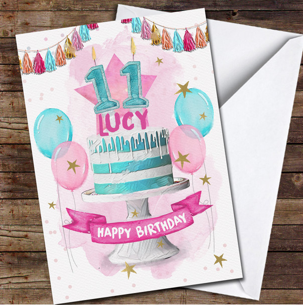 Blue White Cake Balloons Children's Age 11 Eleventh 11th Birthday Card