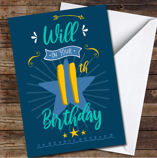 11th Birthday Boy Blue Text Personalized Birthday Card