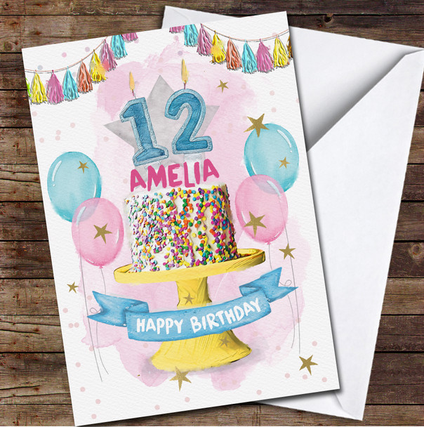 Rainbow Cake Balloons Children's Age 12 Twelfth 12th Personalized Birthday Card
