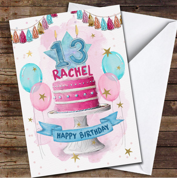 Pink Cake Balloons Children's Age 13 Thirteenth 13th Personalized Birthday Card