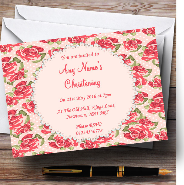 Coral Pink Floral Shabby Chic Chintz Personalized Christening Invitations