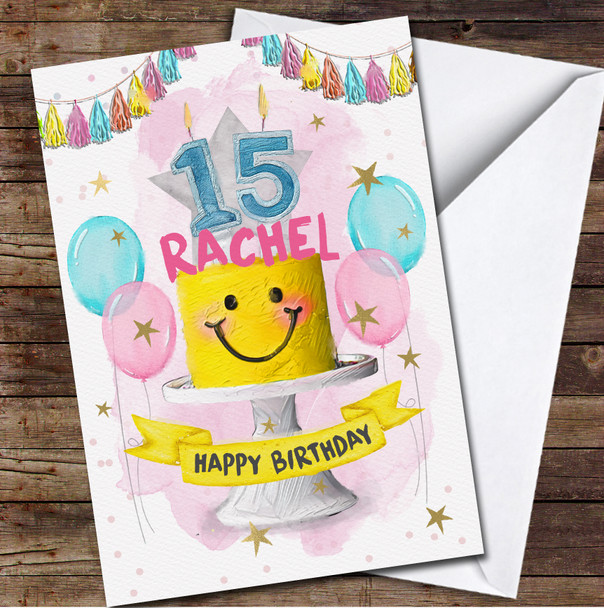 Yellow Smile Cake Balloon Children's Age 15 Fifteenth 15th Birthday Card