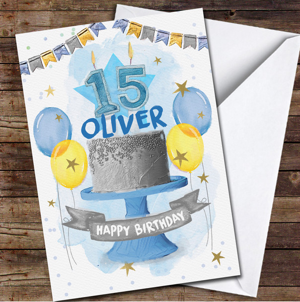 15th Fifteenth Grey Teenager Cake Painted Party Balloons Birthday Card