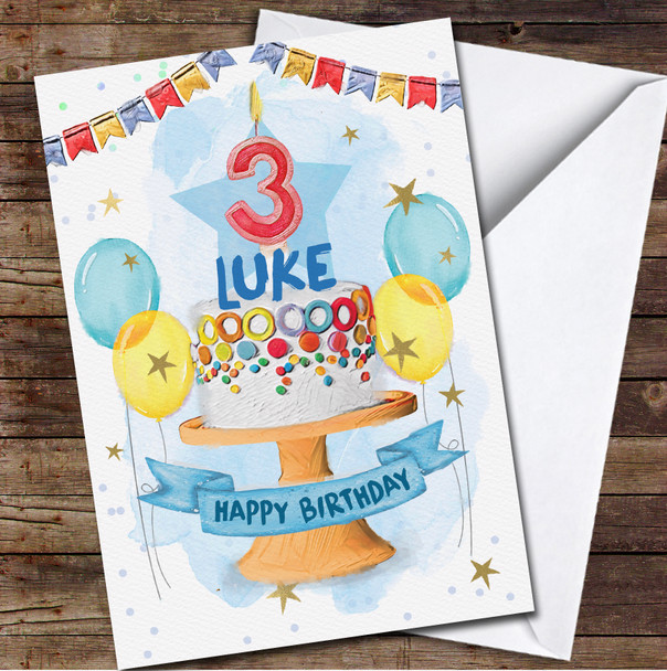 3rd Third Boy Bright Cake Painted Party Balloons Personalized Birthday Card