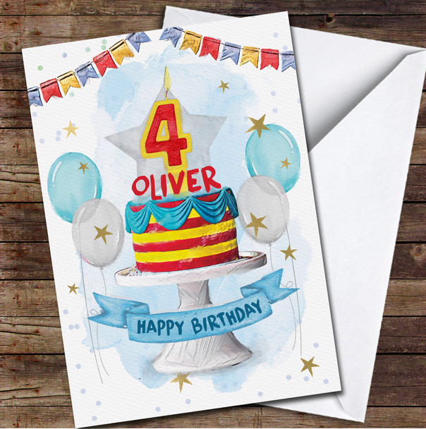 4th Fourth Birthday Boy Cake Party Balloons Personalized Birthday Card