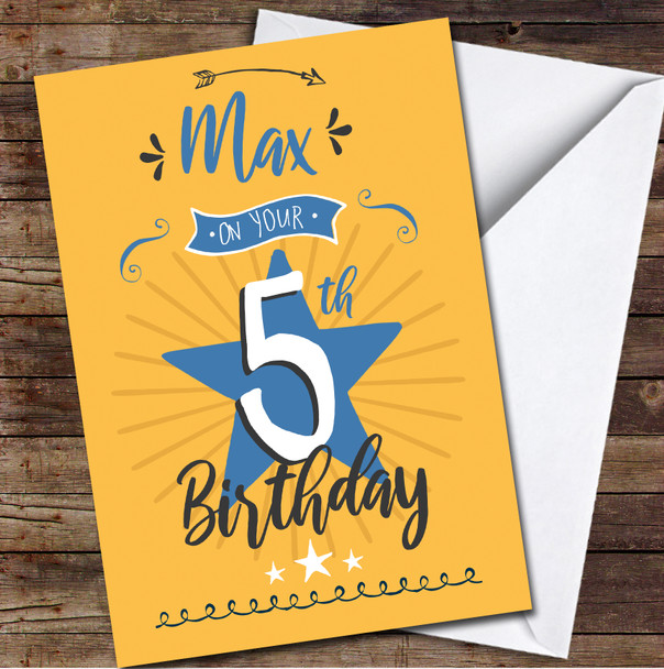 5th Birthday Boy Orange Blue Text Personalized Birthday Card