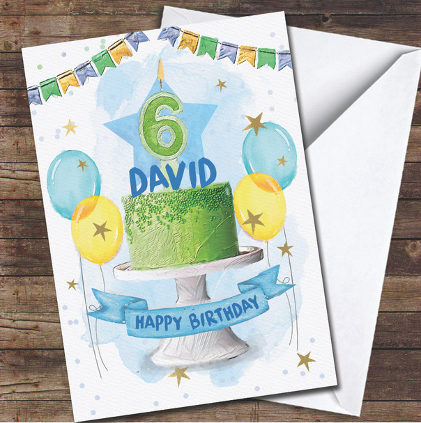 6th Sixth Boy Green Cake Painted Party Balloons Personalized Birthday Card