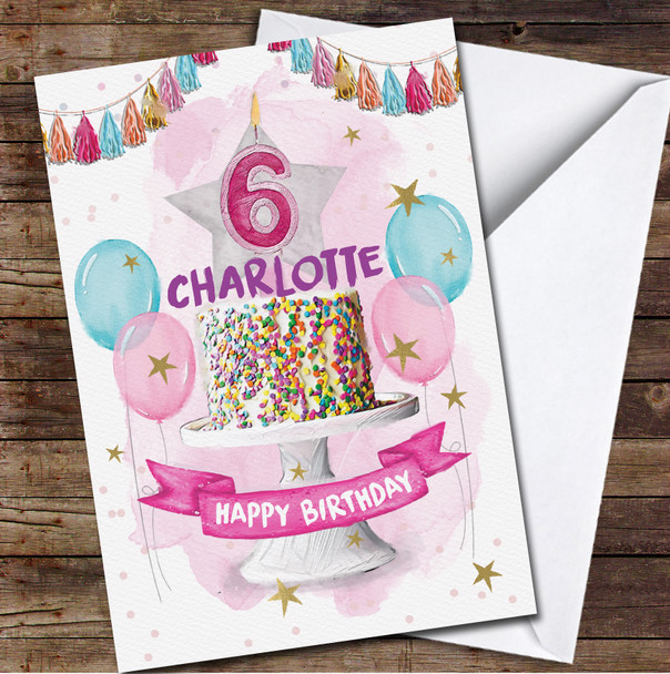 Sprinkle Cake Pink Balloons Children's Age 6 Sixth 6th Birthday Card