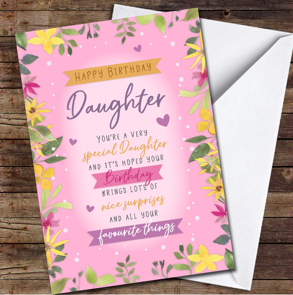 Special Daughter Happy Text Flowers Floral Frame Pink Personalized Birthday Card