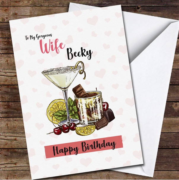 Wife Martini And Cocktails With Chocolate Pink Hearts Personalized Birthday Card