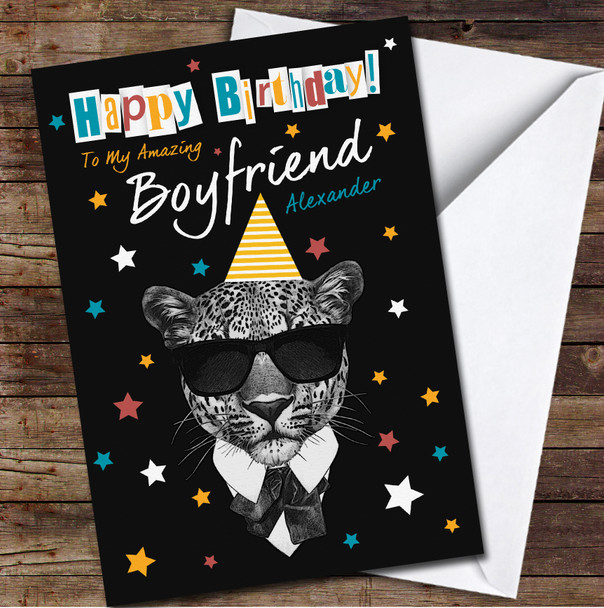 Amazing Boyfriend Birthday Leopard In Party Hat Stars Personalized Birthday Card