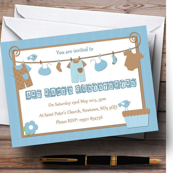 Blue Boys Clothes Christening Party Personalized Invitations