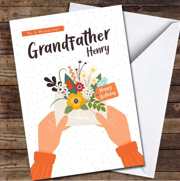 Grandfather Hands Holding Envelope With Flowers Card Personalized Birthday Card