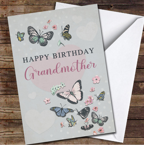 Pink Vintage Colourful Butterflies Happy Grandmother Personalized Birthday Card