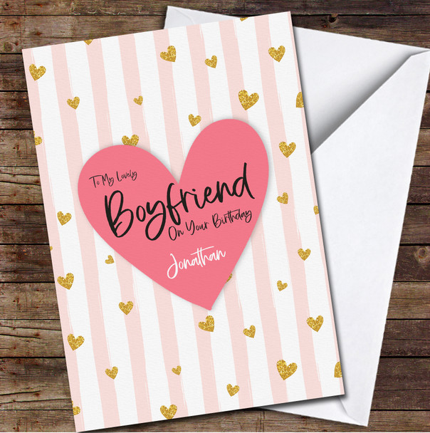Boyfriend Birthday Blush Red Gold Heart Pink Stripes Personalized Birthday Card