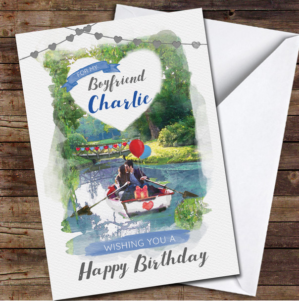 Boyfriend Happy Romantic Rowing Boat Couple Painted Personalized Birthday Card