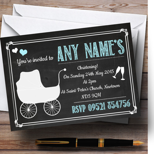 Chalkboard Blue Christening Party Personalized Invitations