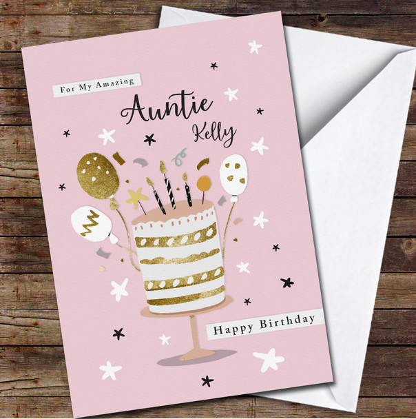 Pink Auntie Gold White Cake With Balloons & Candles Personalized Birthday Card