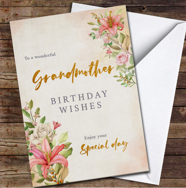 Vintage Style Flowers Wonderful Gold Grandma Wishes Personalized Birthday Card