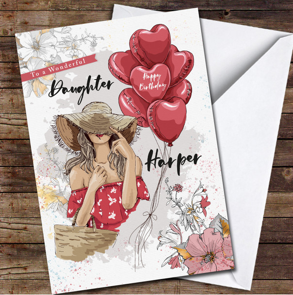 Wonderful Daughter Girl In Hat & Red Heart Balloons Personalized Birthday Card