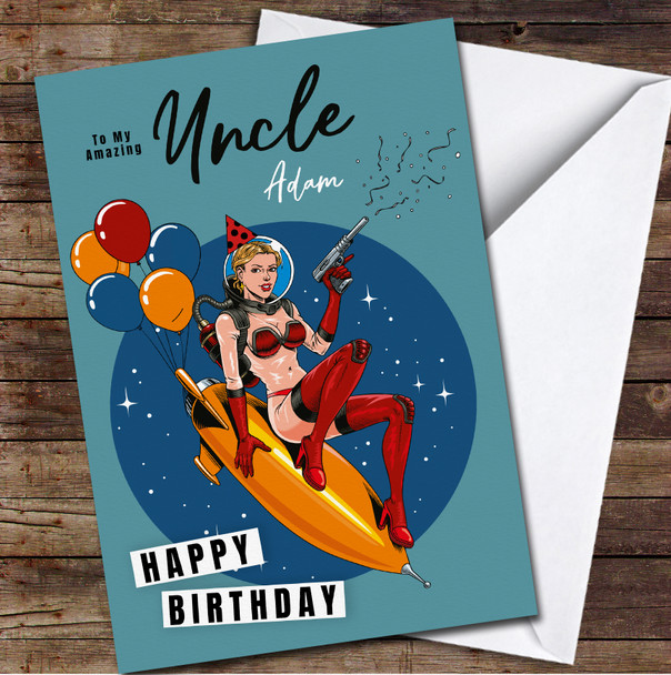 Uncle Birthday Astronaut Woman Riding A Rocket Card Personalized Birthday Card