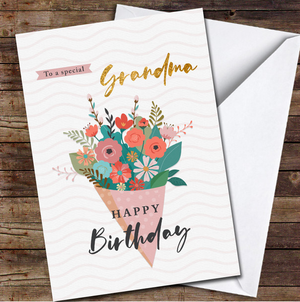Bouquet Wrapped In Pink Paper Special Gold Grandma Personalized Birthday Card