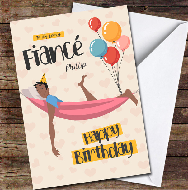 Fiancé Dark Skin Smiling Man Lying In Hammock Card Personalized Birthday Card