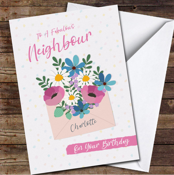Neighbour Birthday Pink Envelope With Flowers Card Personalized Birthday Card