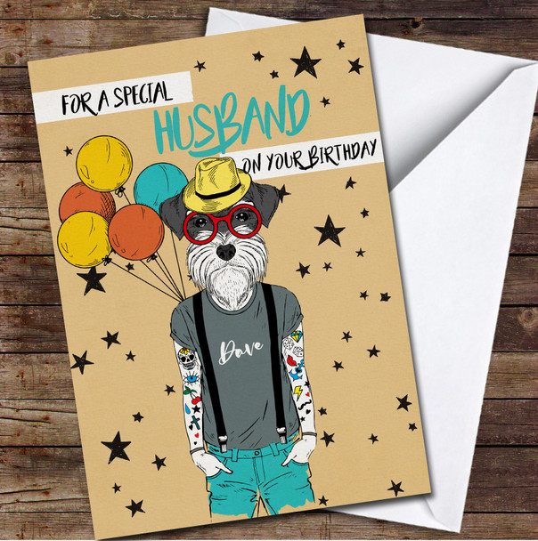 Special Husband Birthday Hipster Dog With Balloons Personalized Birthday Card