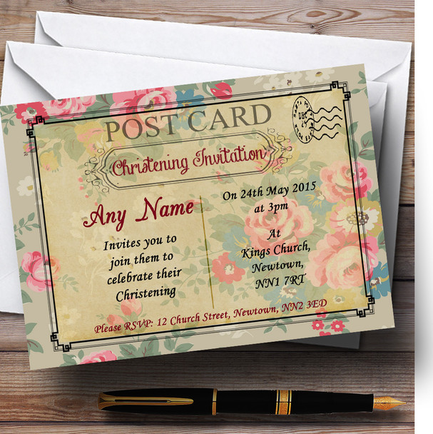 Floral Vintage Paris Shabby Chic Postcard Christening Party Personalized Invitations