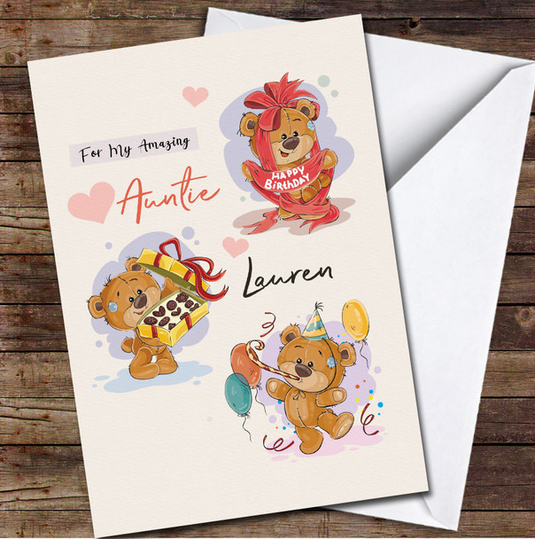 Amazing Auntie Cute Teddy Bears Chocolates Ribbon Personalized Birthday Card