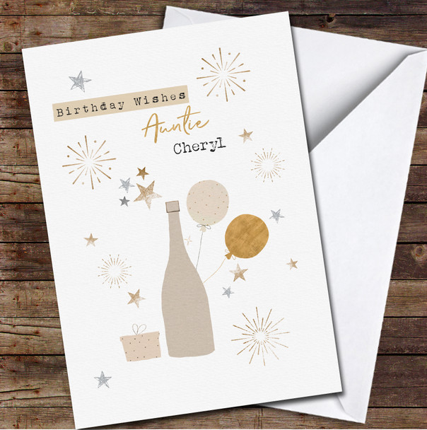 Auntie Champagne Gold Silver Balloons & Fireworks Personalized Birthday Card