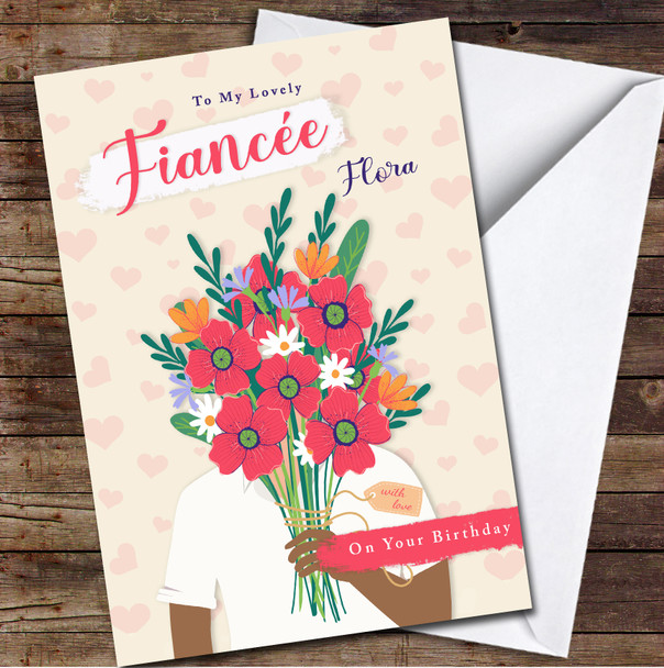 Fiancée Dark Skin Man Holding Flower Bouquet Card Personalized Birthday Card
