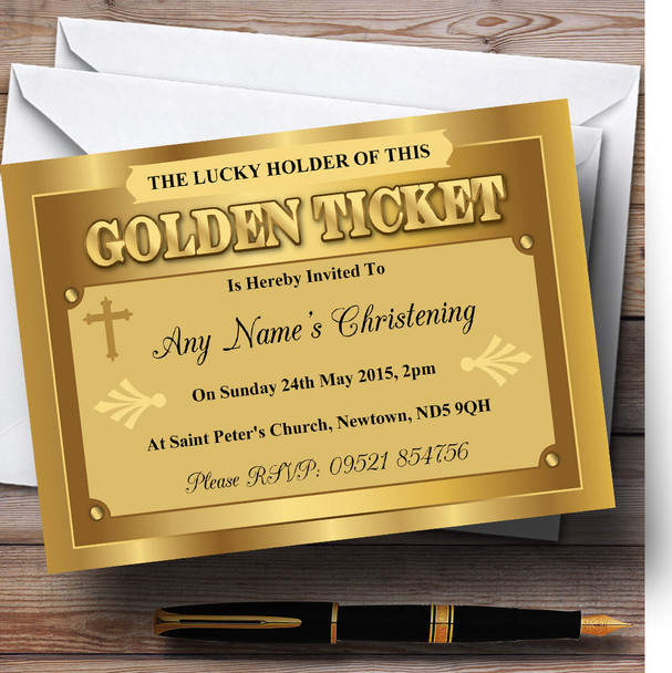 Golden Ticket Christening Party Personalized Invitations