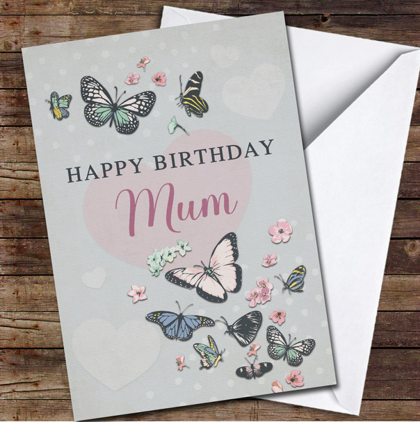 Vintage Colourful Butterflies Happy Mum Pink Teal Personalized Birthday Card