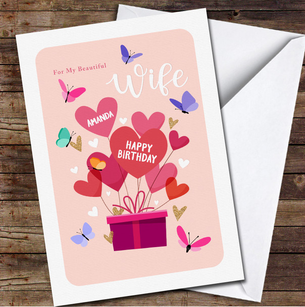 Wife Flying Gift With Hearts Gold Pink Peach Blue Personalized Birthday Card