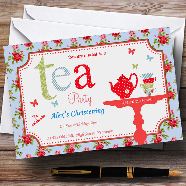 Inspired Floral Vintage Tea Christening Party Personalized Invitations