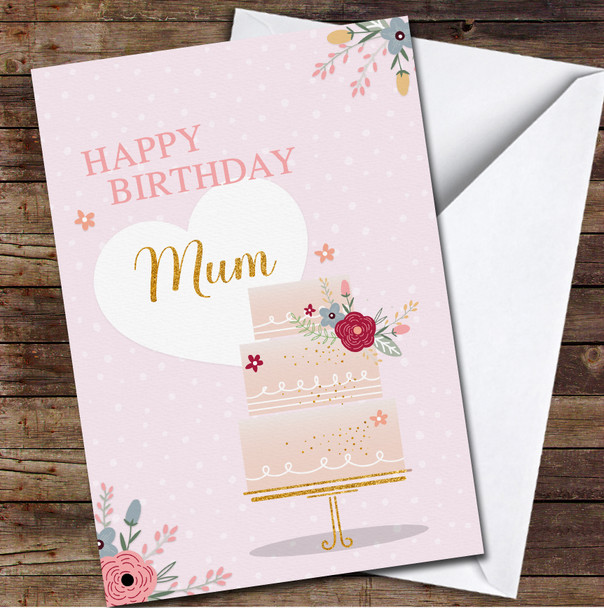 Happy Birthday Cake Pink With Flowers Glitter Mum Personalized Birthday Card