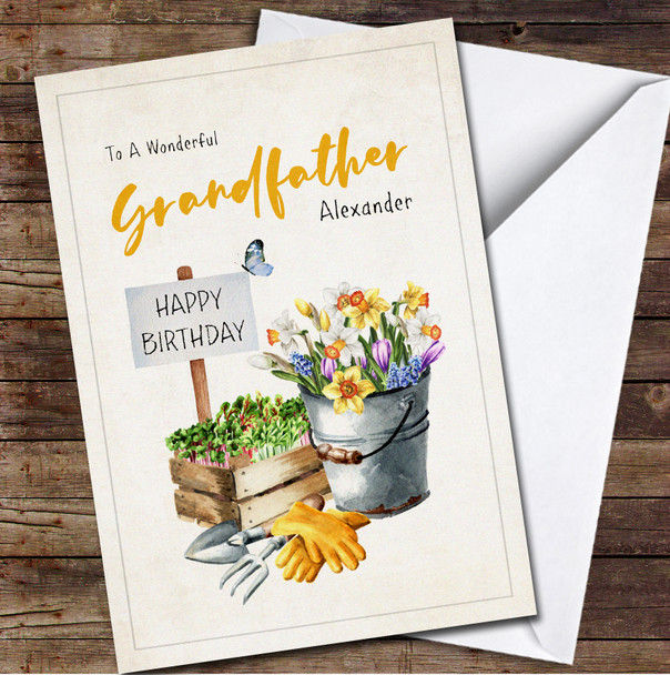 Grandfather Watercolour Flowers Sprouts And Garden Tools Card Birthday Card