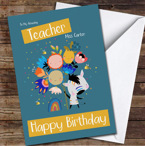 Teacher Cute Little Zebra Holding Big Bouquet Of Flowers Card Birthday Card